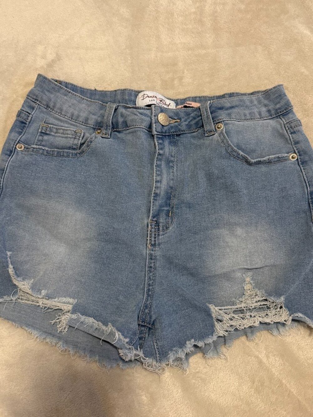 Distressed Light Blue High-Rise Denim Shorts - Women's